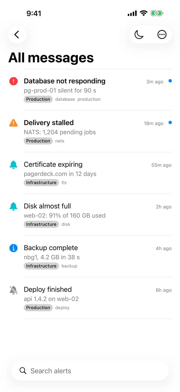 The PagerDeck app on an iPhone: a list of alerts, from a database outage to a finished deploy.