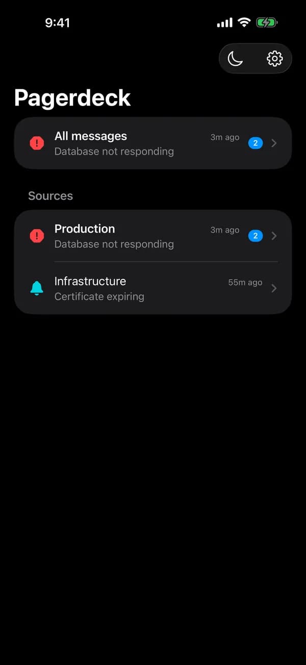 The PagerDeck app with the source Production and its latest alert.